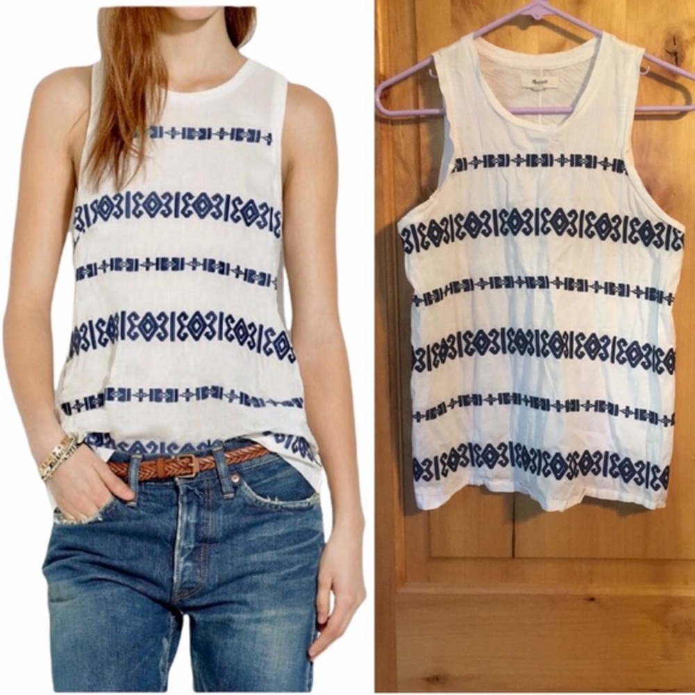 MADEWELL White Navy Geo Embroidery Tank Top EUC XS